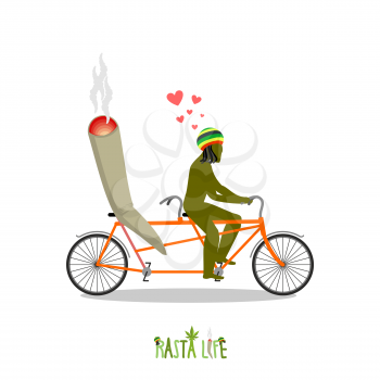 Rasta life. Rastafarian and joint or spliff on bicycle. Man and smoking drug on tandem. Marijuana lovers ride bike. Romantic illustration hemp
