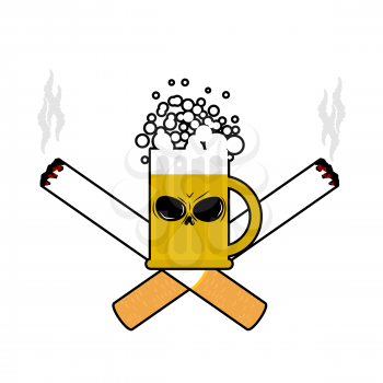 Beer and cigarettes. Alcohol and smoking sign. Logo for harm health. Emblem for harmful products
