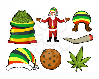 Rasta Christmas icons set. Santa Claus and Big sack hemp. bag of marijuana. pile of green cannabis. Large joint or spliff. Smoking dope. Cheerful grandfather and Rastafarian hat. New Year in Jamaica
