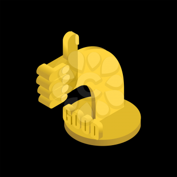 Thumb up golden statuette. Everything is good. Award for cheerful man. Good hand gesture
