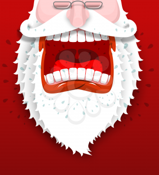 Angry Santa Claus shouts. Unhappy Santa with big white beard. Cursing and swearing. Flying drooling. Scary bad grandfather. Illustration for Christmas and New Year
