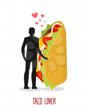 Lover taco. Love to Mexican food. Man and fastfood. Lovers holding hands. Romantic illustration feed
