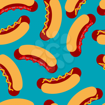 Hot dog pattern. Sausage roll and seamless ornament. Sausage and ketchup texture. Background of food. fast food
