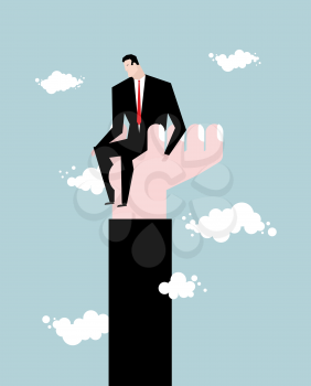 Businessman  standing on hand. Rise of man. Help from boss. Protege director. Help in work. Manager climbs the career ladder. Sky and clouds
