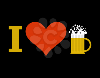 I love beer. Sign of heart and mug of alcoholic beverage with foam. Logo for drinkers
