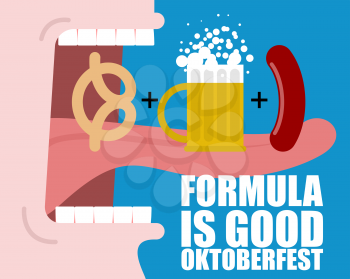 Formula Good Oktoberfest. Open mouth, long tongue and teeth. Man drinks beer mug and eating sausage. Pretzel snack habits. National Holiday in Germany.
