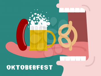 Man eating pretzel, beer and sausage. Traditional Oktoberfest food. Consumption of alcohol. Open mouth with tongue and teeth. National Holiday in Germany.

