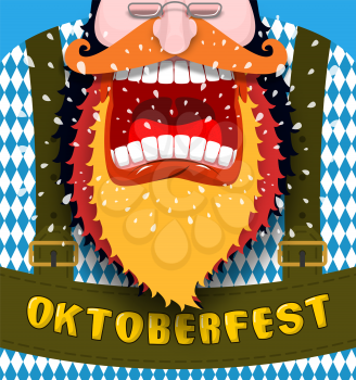Shout Poster for Oktoberfest. Angry and aggressive man shouts. Red beard and mustache. Bavarian traditional national costume. Folk Festival in Germany. Unhappy with German

