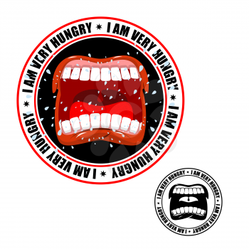 I am very hungry stamp. Printing for hungry people. Open mouth and teeth. Flying drooling
