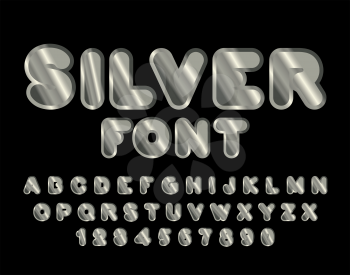 Silver font. ABC of argent. Precious metal alphabet. Metallic shimmering letters. Steel lettering
