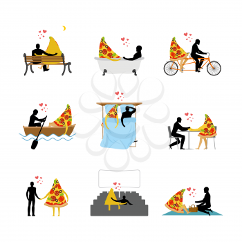love of pizza set. Man and slice of pizza in movie theater. Lovers in bath. Romantic rendezvous with food. Boating feed. Joint walk. Cycling tandem. Breakfast in cafe. Picnic in park. life gourmet