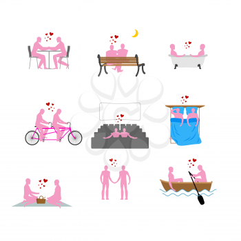 LGBT silhouettes set. Pink people in movie theater. Lovers in bath. Romantic rendezvous of gay people. Boating. Joint walk. Cycling tandem. Breakfast in cafe. Picnic in park