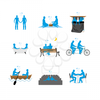 Gay set of silhouettes. LGBT love. blue people in movie theater. Lovers in bed. Romantic rendezvous with food. Boating. Joint walk. Cycling tandem. Breakfast in cafe. Picnic in  park
