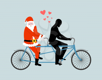 Christmas Lover. Santa Claus on bicycle. Lovers of cycling. Man rolls Santa on tandem. Joint walk on street. Romantic New Year date.

