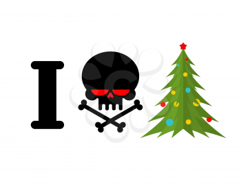 I hate Christmas. Skull and bones symbol of hatred and Christmas tree. New year sign for bully
