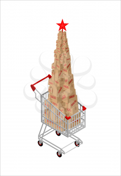 Christmas sale box in supermarket card. fir-tree of gifts in shopping trolley. New Year discount. Holiday xmas sales. present pile