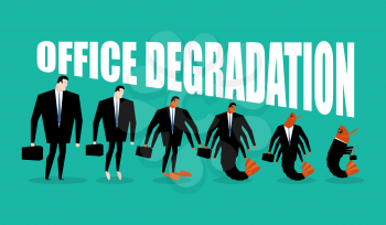 Office degradation. Manager turns into office plankton. Man transforms into shrimp. Marine crustaceans in dark suit. Business illustration