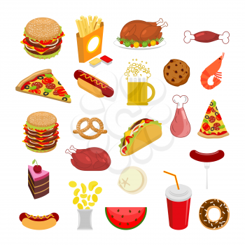 Food set. Signs of feed. Icon Collection of meat. Pizza and tacos. French fries and a hamburger. Hotdog and cookies. Baked turkey and watermelon. Pork and cake. Donuts and dumplings
