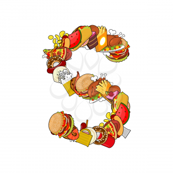 Letter S food. Edible sign alphabet from pizza and hamburger. Feed template elements alphabet. meat concept type as logo. Pizza and taco. Donuts and FAstfood. Hotdog and cookies. Baked turkey and wate