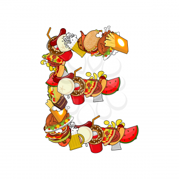 Letter E food. Typography sign from products. Edible template elements of alphabet. ABC concept type as logotype for feed. Pizza and taco. Donuts and FAstfood. Hotdog and cookies. Baked turkey and wat