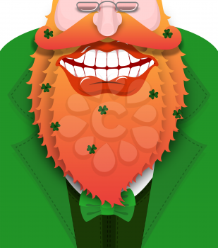 Cheerful leprechaun with red beard. Good gnome with big smile. Green coat with bow tie. Illustration for St. Patricks Day. National Holiday in Ireland
