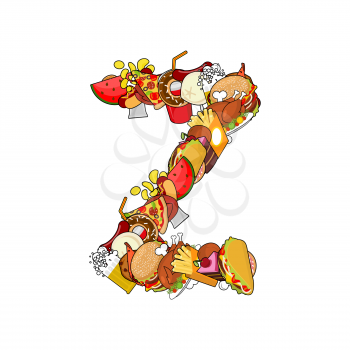 Letter Z edible. Alphabet sign of food. Feed concept template elements ABC. Dish icon. Pizza and taco. Donuts and FAstfood. Hotdog and cookies. Baked turkey and watermelon. Pork and cake