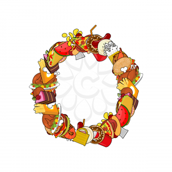 Letter O food. Typography sign from products. Edible template elements of alphabet. ABC concept type as logotype for feed. Pizza and taco. Donuts and FAstfood. Hotdog and cookies. Baked turkey and wat