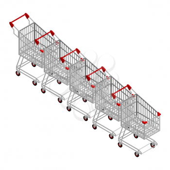 Row of shopping carts. Many shopping trolley isometrics
