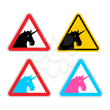 Warning sign of attention unicorn. Dangers of yellow sign with magic animal horn. LGBT character in red triangle. Set of road signs
