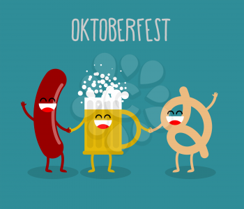 Beer, sausage and pretzel friends. Oktoberfest food. Holiday in Germany. Cute, funny and alcohol appetizer
