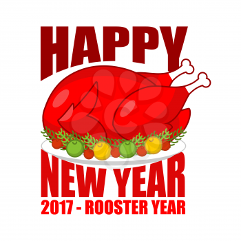 Happy new year Fried rooster symbol of 2017 . Baked red cock on plate with apples. Roasted chicken isolated. grilled holiday turkey
