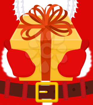 Santa gives gift for Christmas. Box with bow. Red ribbon and yellow case. holiday Illustration for new year. Xmas design template
