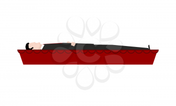  Dead man in coffin isolated. Departed in red casket. Deceased in hearse. Religious illustration
