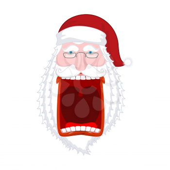 Angry Santa Claus shouts. Scary grandfather yelling. Crazy Santa Shout. Open mouth and teeth. Red lips. Xmas template design. aggressive old man

