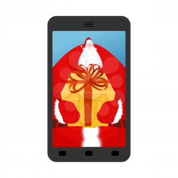 Christmas Photo Santa. Photographing your smartphone. Claus give gift Gloves and box with bow. Illustration for new year