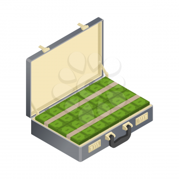 Suitcase with money Isometric. Case with cash. Suitcase with dollars. Wad of currency. Financial illustration. Suitcase wealth

