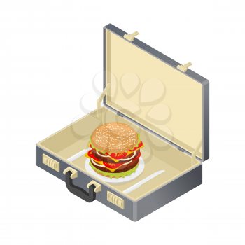 Business lunch, hamburger in case. Suitcase with fast food
