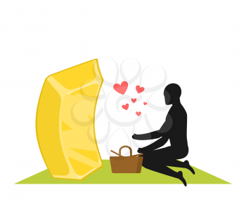 Lover gold. Golds bullion on picnic. Rendezvous in Park. Meal in nature. Plaid and basket for food on lawn. Romantic illustration
