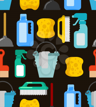 Cleaning seamless pattern. Accessories cleaner background. Brush and plunger. bucket and floorcloth. Sponge and sprayer
