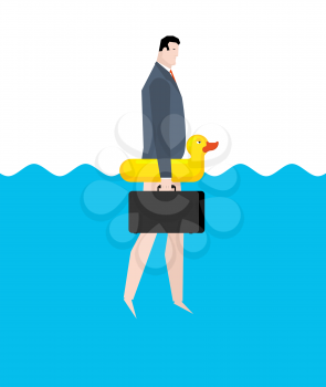 Businessman and inflatable duck. Manager on vacation sea. Business travel
