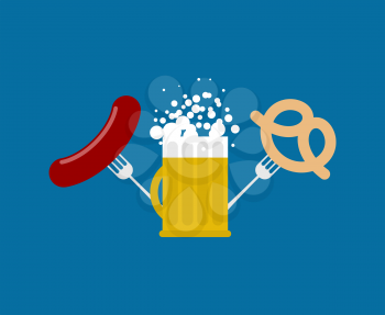 Mug beer and sausage and pretzel. Logo for Oktoberfest. Holiday in Germany
