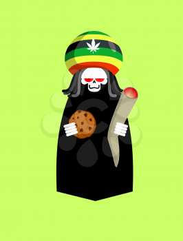 Rasta death. Rastafarians Grim Reaper. Hat Rastaman and joint or spliff of marijuana. Cookies and skull