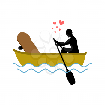 Lover skateboarding. Skateboard and guy ride in boat. Lovers of sailing. Romantic date. love extreme sport. 