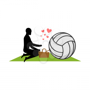 Lover volleyball. Guy and ball on picnic. Meal in nature. blanket and basket for food on lawn. Romantic date. Love sport play game 