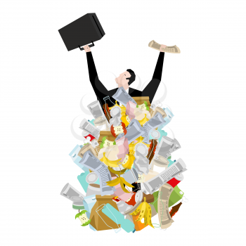Businessman in garbage heap. Boss in Pile Rubbish. Waste management in Stack trash

