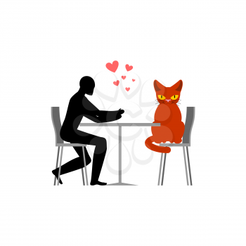 Cat lover in cafe. my kitty. Lovers in restaurant. Pet and guy. Romantic date