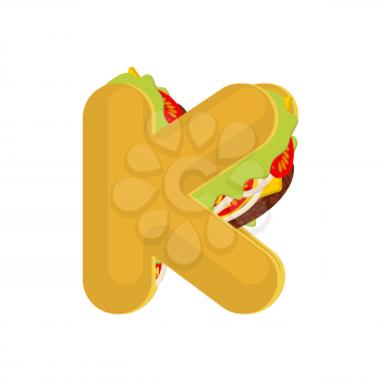 Letter K tacos. Mexican fast food font. Taco alphabet symbol. Mexico meal ABC