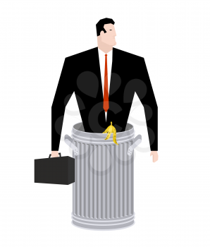 Businessman in Trash can. Business of garbage. Tie and case. rubbish Manager