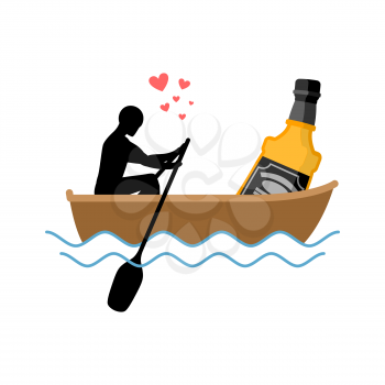 Lover alcohol drink. Man and bottle of whiskey boat ride. Lovers float. Romantic date. Alcoholic Lifestyle
