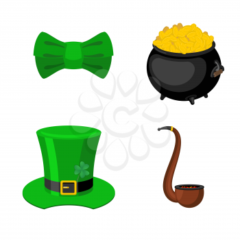 St. Patrick's Day icon set. Leprechaun accessory. pot of gold and smoking pipes. Green bow tie. National Holiday in Ireland. Traditional Irish Festival
